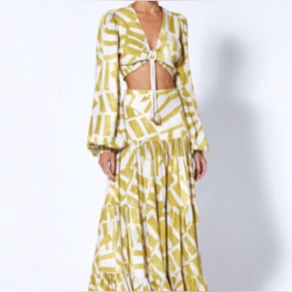house of harlow 1960 Long Sleeve Linen Crop Top With Tiered Maxi Skirt Set Sz S